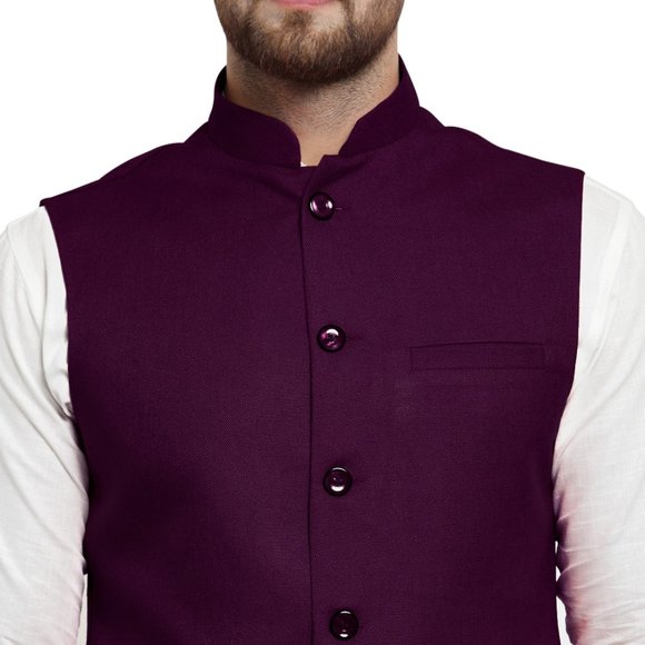 Sleeveless Traditional Jute Fabric Purple Nehru Jacket by Treemoda - Picture 4 of 5